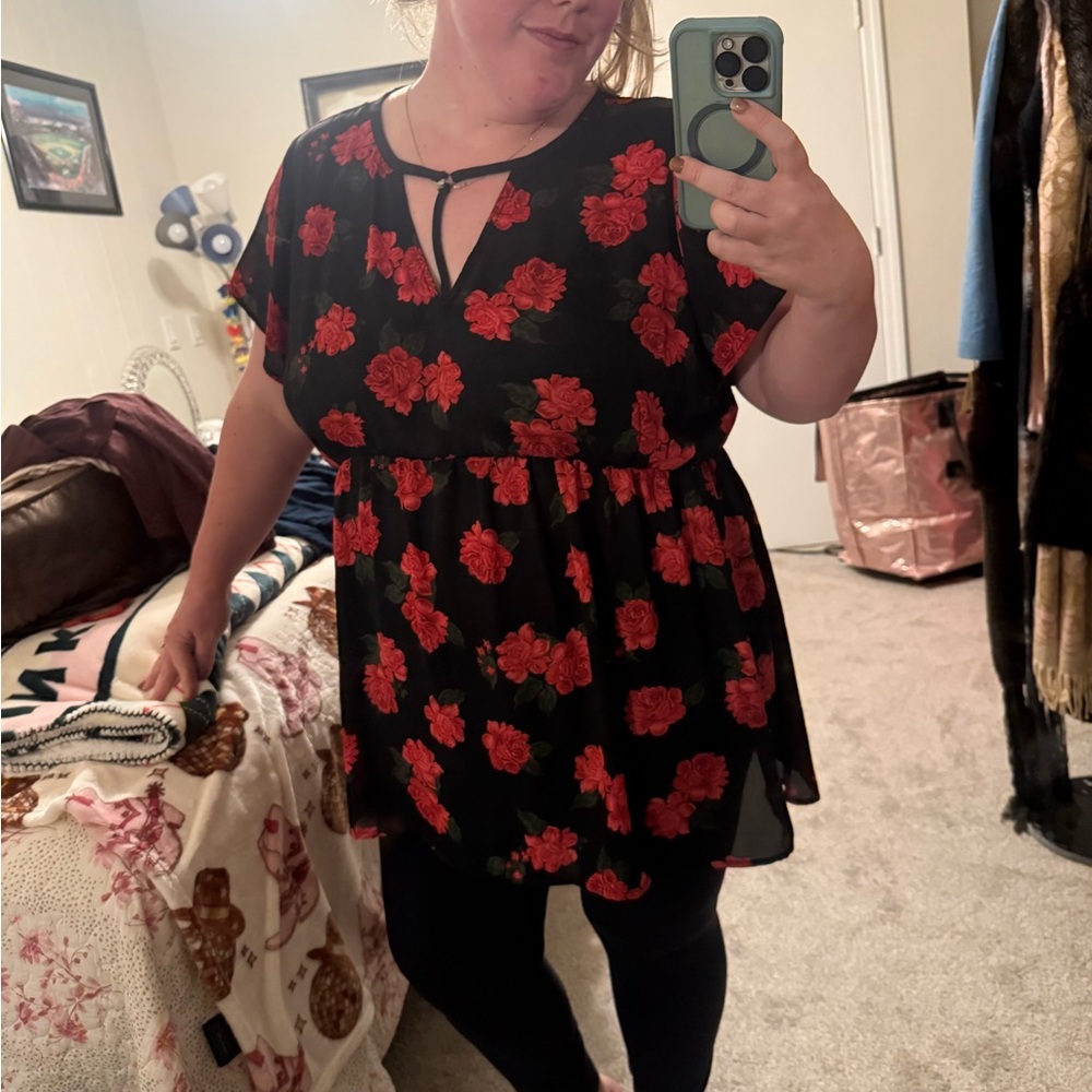 Torrid Black and Red Floral Blouse